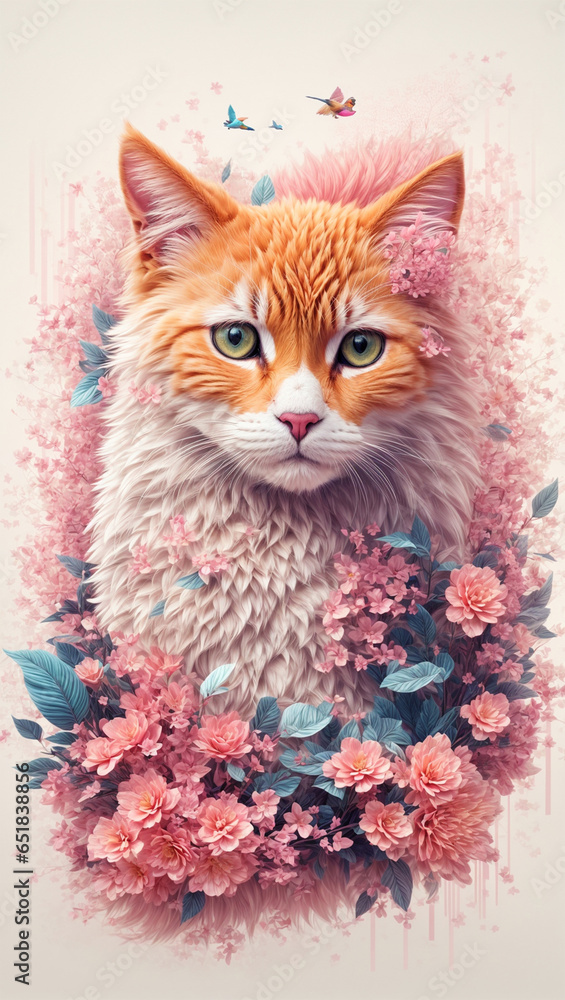Naklejka premium beautiful striped cat with colorful flowers 13