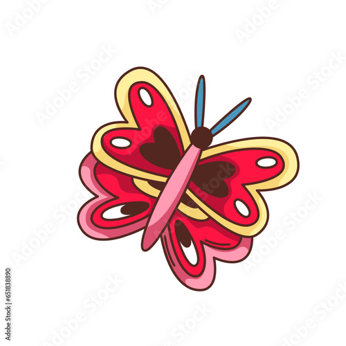 Groovy butterfly sticker vector illustration. Cartoon isolated retro psychedelic butterfly character with curvy lines, cute yellow and red pattern on wings, funky hippie symbol of summer and love