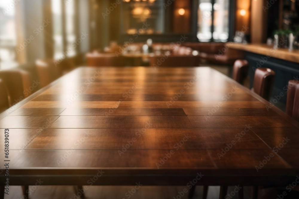 empty dark wood table top,  blurred coffee shop background, product display 
