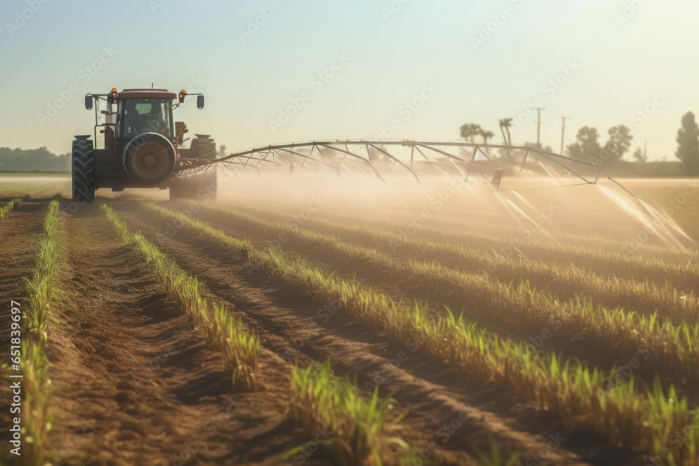 Spraying water with sprinkler at wheat field Spraying water with sprinkler at wheat field