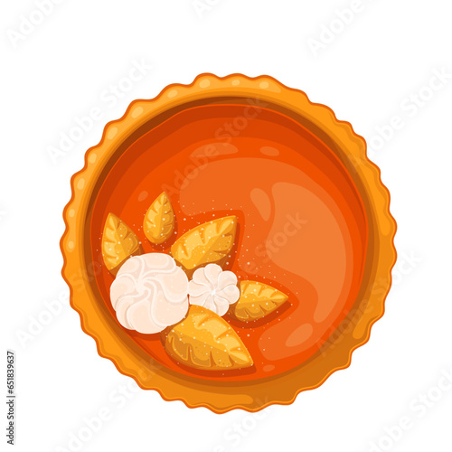 Pumpkin pie, top view vector illustration. Cartoon isolated whole baked tart with meringue or whipped cream, crispy shortcrust pastry leaves, dessert and treat for autumn holidays made from pumpkin