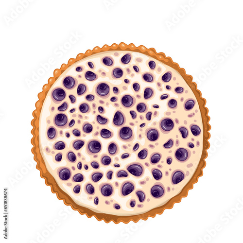 Blueberry pie, top view vector illustration. Cartoon isolated whole berry cake, baked cheesecake or tart with vanilla streusel cream and bilberry filling, gourmet pie and restaurant dessert of holiday