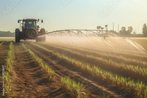 Spraying water with sprinkler at wheat field