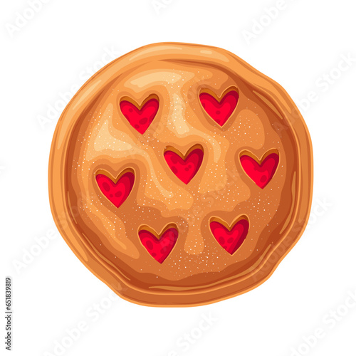 Sweet pie with jam, overhead view vector illustration. Cartoon isolated whole round pie of shortcrust pastry and red berry filling, homemade dessert with crust and hearts cut out on top of pie