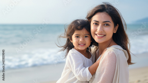 Photo indian woman and her little girl child smiling