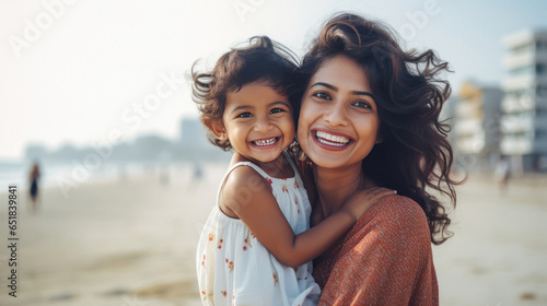 indian woman and her little girl child smiling