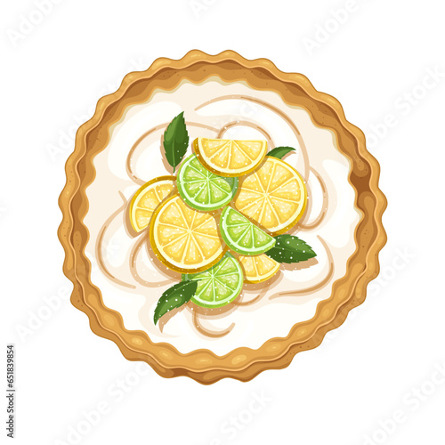 Lemon pie, view from above vector illustration. Cartoon isolated whole round cake with meringue and slices of lemon and lime on top, sweet tart or cheesecake with citrus fruit and cream filling