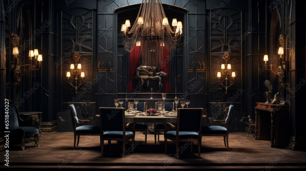 A 1920s speakeasy-inspired dining room with art deco lighting, velvet ...