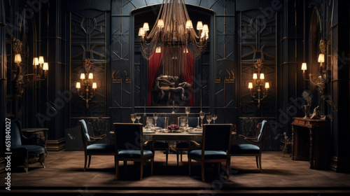 A 1920s speakeasy-inspired dining room with art deco lighting, velvet chairs and a large crystal chandelier