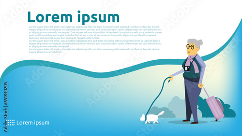 Travel Insurance banner template with 4k size.  granny illustration with trolley bag and pet