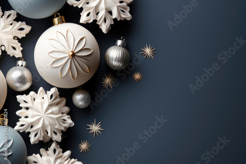 Christmas flat play festive decor of balloons and snowflakes on a blue background with copy space