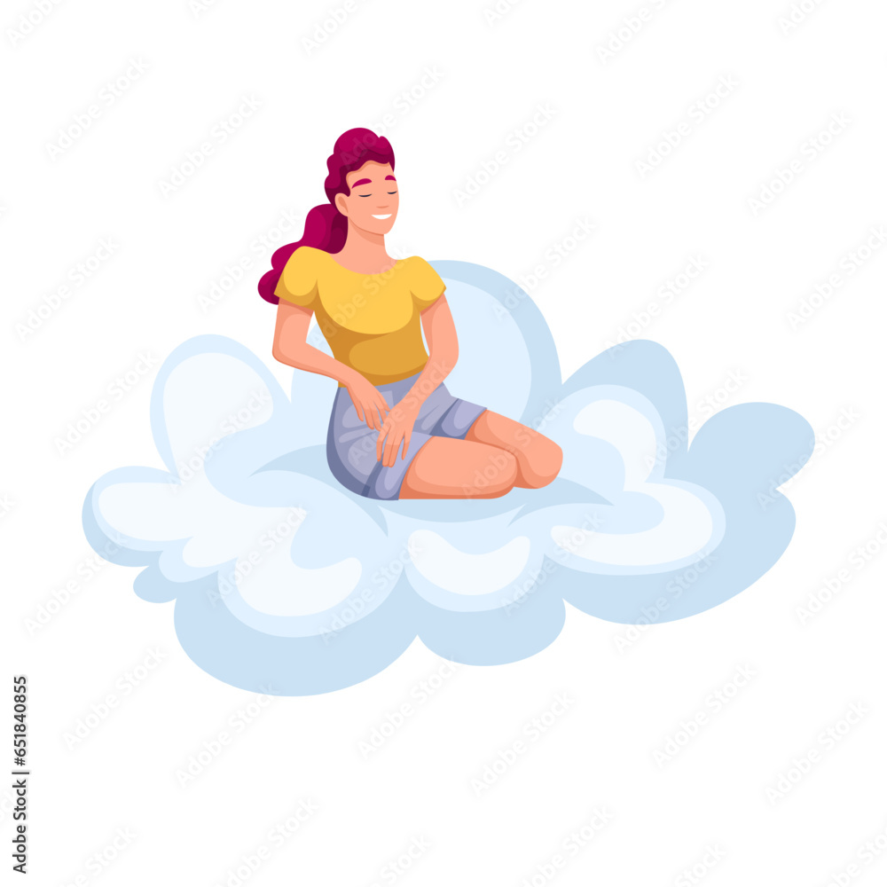 Comfortable rest of woman on cloud vector illustration. Cartoon isolated happy girl sitting on comfy summer cloud to relax and sleep, enjoy beauty of sky and freedom, healthy magic free vacation