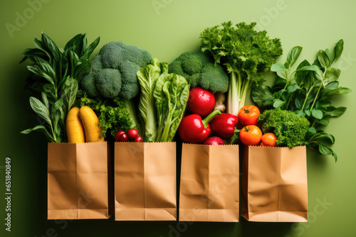 Eco friendly paper bags from the store with raw organic green vegetables highlighted on a green background. Zero waste, healthy clean nutrition and detoxification, the concept of agriculture