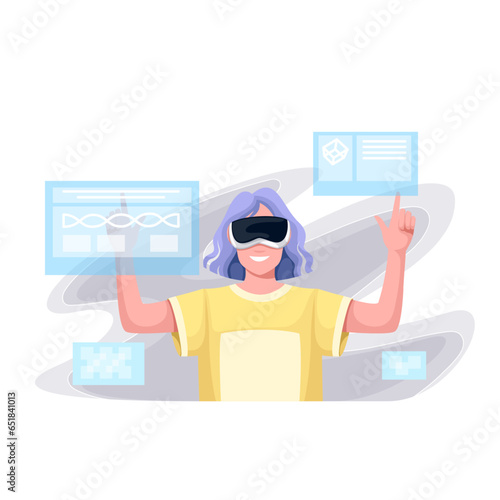 Work with futuristic holograms, metaverse workplace vector illustration. Cartoon woman with VR glasses touching on blue digital interactive screens, working with modern smart visual interface