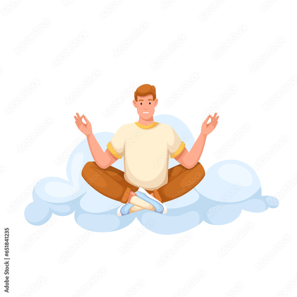 Man meditating in calm yoga pose on cloud vector illustration. Cartoon isolated happy person sitting in zen lotus position to meditate on clouds, relax and control spiritual balance of thoughts Man meditating in calm yoga pose on cloud vector illustration. Cartoon isolated happy person sitting in zen lotus position to meditate on clouds, relax and control spiritual balance of thoughts