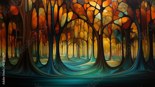 Autumn Tree in Vibrant Futurist Style: A Fusion of Contemporary Canadian Art and Detailed Dreamscapes. Infused with Stained Glass Elements and Influenced by Moody Tonalism. Evoking a Sense of Sanctuar