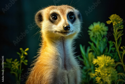 A stunning close-up portrait of a meerkat in the golden light of the savannah, capturing its expressive eyes and unique facial features, portraying the meerkat's curious and social natur