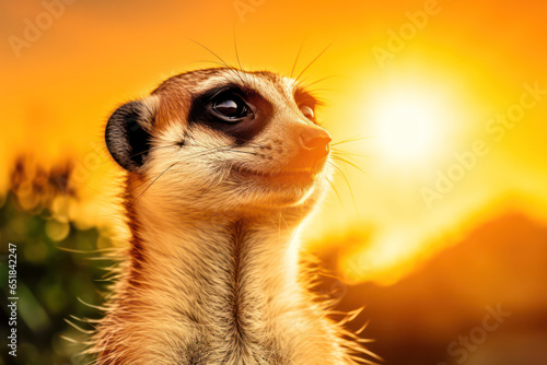 A stunning close-up portrait of a meerkat in the golden light of the savannah, capturing its expressive eyes and unique facial features, portraying the meerkat's curious and social natur