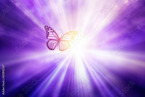 A butterfly perched delicately on a vibrant purple blossom, its iridescent wings shining under the sunlight, creating a captivating display of nature's colors and eleganc photo