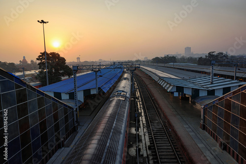 A view of express trains at a Junction Railway Station of Indian Railways system, Kolkata, India photo