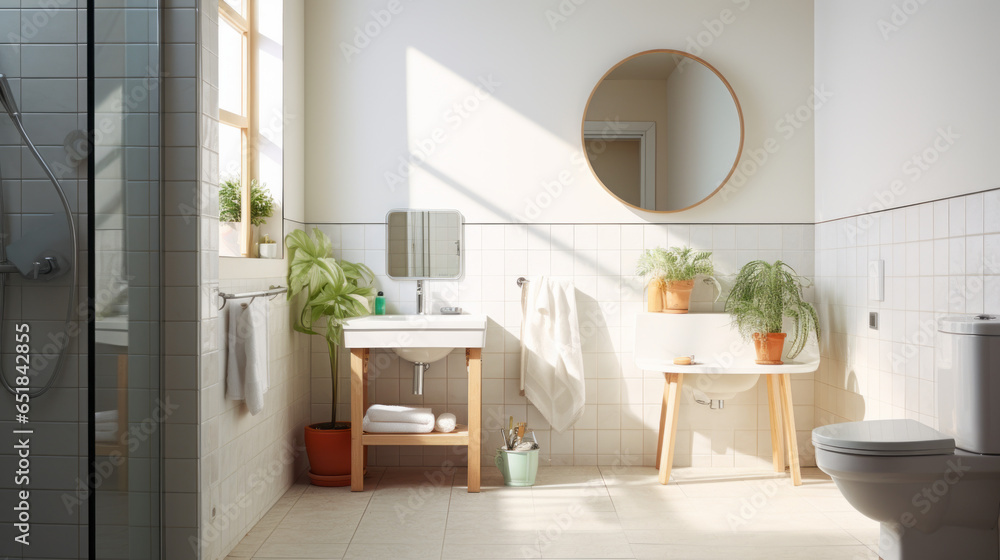 Fototapeta premium A bathroom with white tiles, a shower, a toilet, and a sink