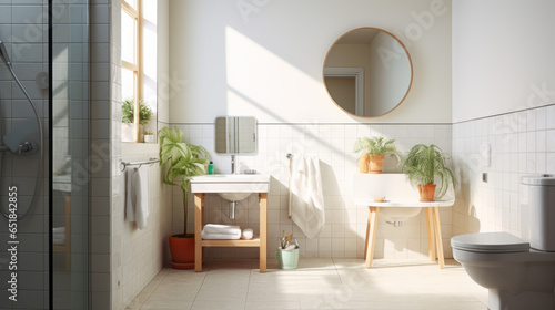 A bathroom with white tiles, a shower, a toilet, and a sink © Textures & Patterns