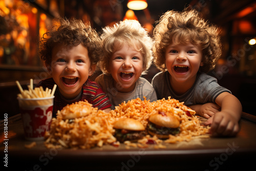 happy children eating burgers and drinking cola,fast food restaurant