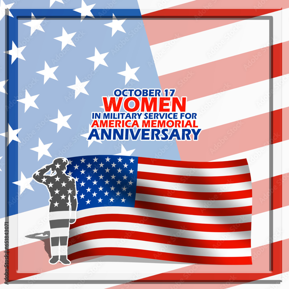American flag and an illustration of a woman with faded colors showing a respectful attitude and bold text in frame to commemorate Women in Military Service for America Memorial Anniversary on October
