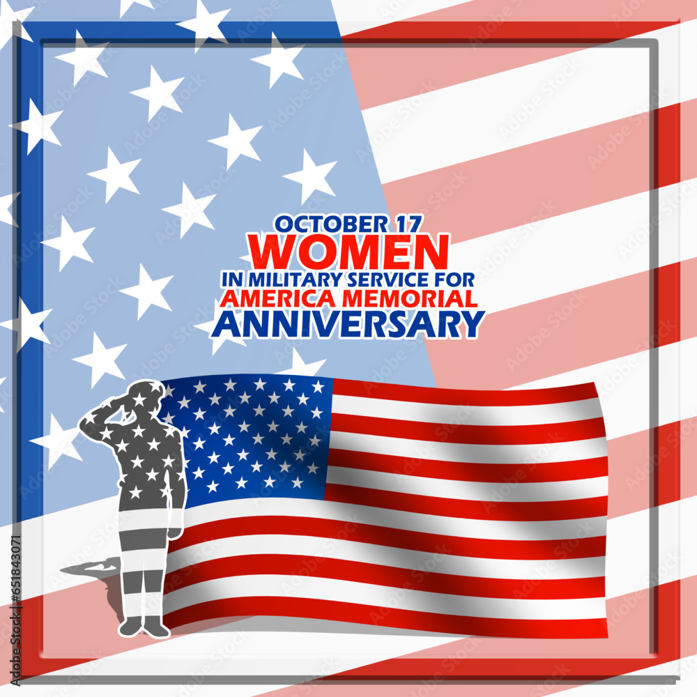 American flag and an illustration of a woman with faded colors showing a respectful attitude and bold text in frame to commemorate Women in Military Service for America Memorial Anniversary on October American flag and an illustration of a woman with faded colors showing a respectful attitude and bold text in frame to commemorate Women in Military Service for America Memorial Anniversary on October