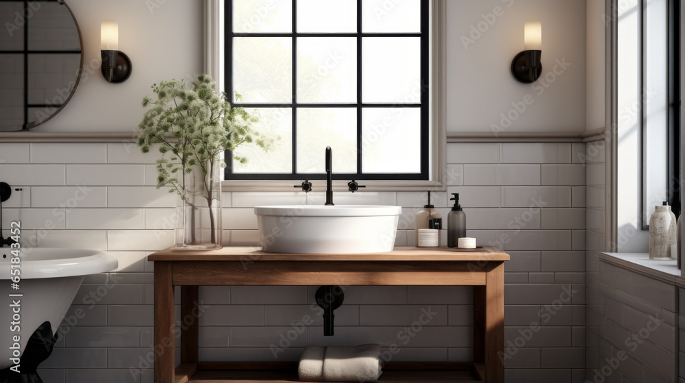 A bathroom with white tiled walls, a black sink, and a wood vanity A bathroom with white tiled walls, a black sink, and a wood vanity