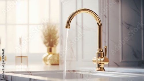 Fragment of modern classic luxury kitchen. White marble backsplash and countertop with built-in sink, curved gold faucet with running water. Close-up. Contemporary interior design. 3D rendering.