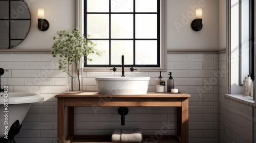 A bathroom with white tiled walls  a black sink  and a wood vanity