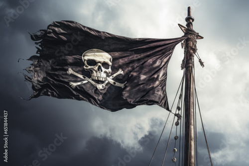 Pirate Flag Hanging From Top Of Mast On Sky Background Created Using Artificial Intelligence