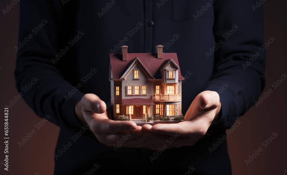 Businessman holding up a house model Businessman holding up a house model