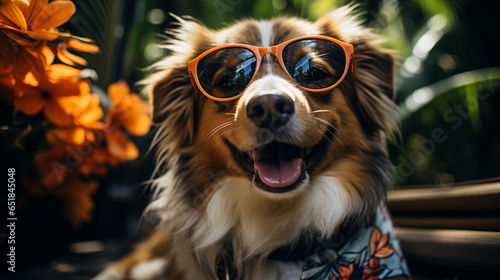 Dog as a Tourist with Camera and Hawaiian Shirt, Exploring the Yard, funny dogs, with copy space © Катерина Євтехова