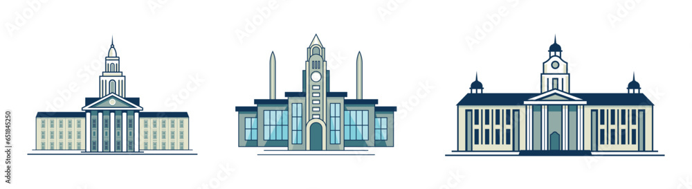College clip art. University building icon set. Illustration of college building or campus landmark