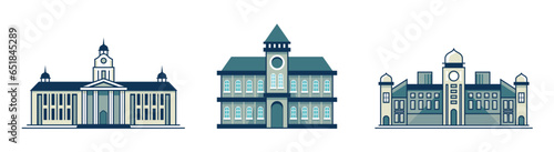 College clip art. University building icon set. Illustration of college building or campus landmark