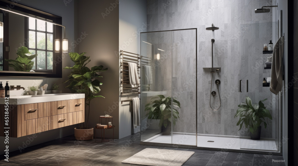 A bathroom with a walk-in shower, dual rainfall showerheads, marble tile accents, a floating vanity with double sinks, and a heated towel rack  - obrazy, fototapety, plakaty 