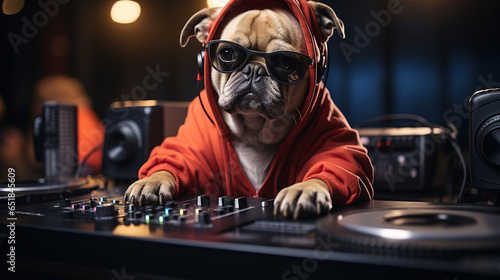 Doggy Rapper Dropping "Pawsome" Beats in a Hip-Hop Performance, funny dogs, with copy space