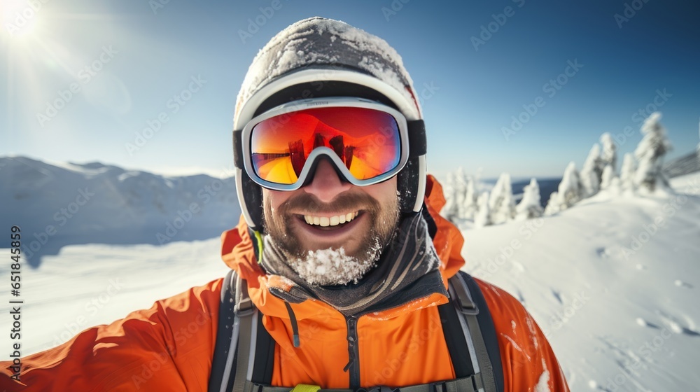 young caucasian man skiing in the snow