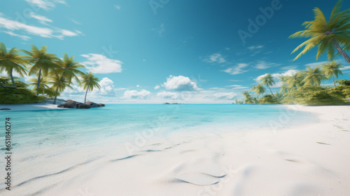 A beach with white sand and turquoise waters, surrounded by palm trees