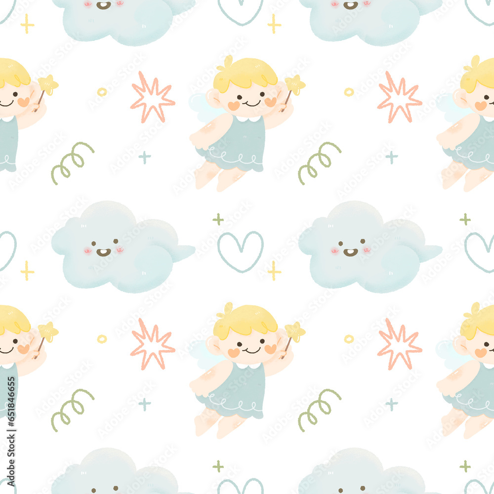 Cute kawaii cartoon Christmas seamless pattern with little angel , doodle hand drawn water colour illustration. Cute kawaii cartoon Christmas seamless pattern with little angel , doodle hand drawn water colour illustration.