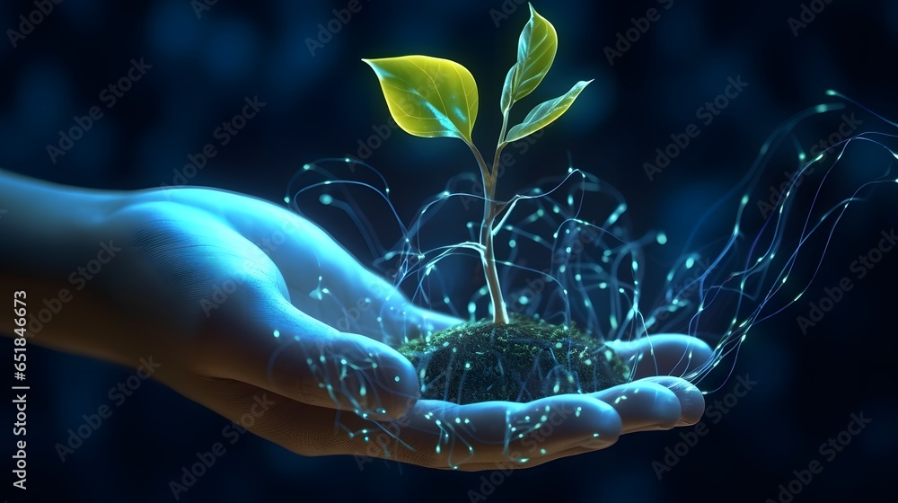 Abstract giving hand with young plant in soil. Low poly style design. Blue geometric background. Wireframe light connection structure. - obrazy, fototapety, plakaty 