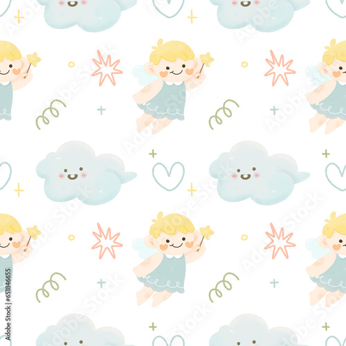 Cute kawaii cartoon  Christmas seamless pattern with little angel   doodle hand drawn water colour  illustration.