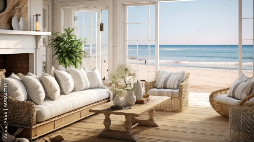 A beachfront cottage living room with wicker furniture, seashell decor, and ocean view - obrazy, fototapety, plakaty 