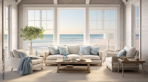 A beachfront living room with expansive windows, nautical decor, and direct beach access  © Textures & Patterns