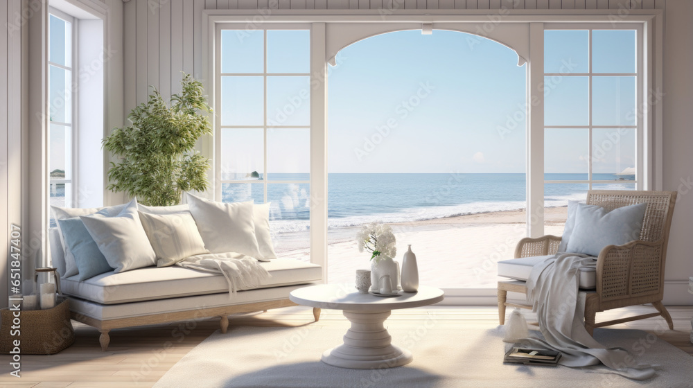 A beachfront living room with expansive windows, nautical decor, and direct beach access 