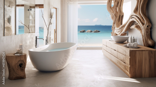 A beachfront bathroom with a freestanding tub  driftwood accents  and breathtaking ocean view