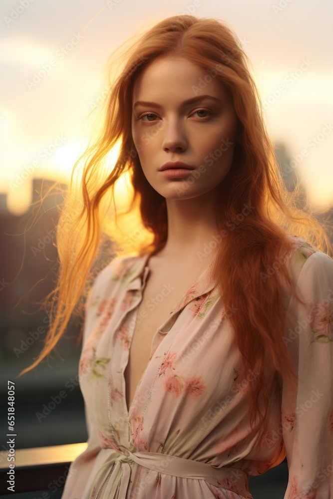 A beautiful woman with long red hair stands gracefully in the sunlight, dressed in fashionable clothing and beaming a captivating smile, radiating confidence and joy A beautiful woman with long red hair stands gracefully in the sunlight, dressed in fashionable clothing and beaming a captivating smile, radiating confidence and joy