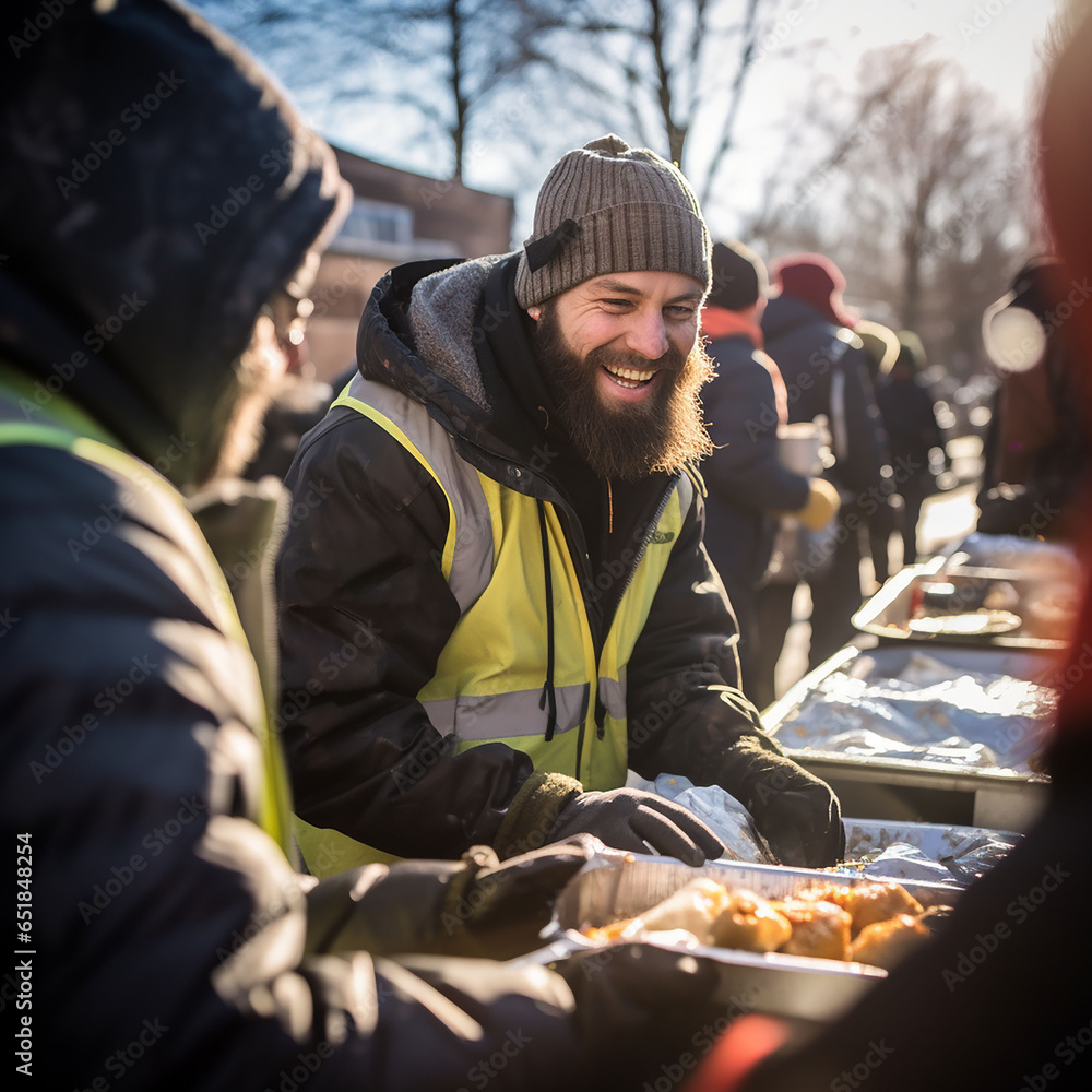 volunteers distribute food to needy and homeless people - obrazy, fototapety, plakaty 
